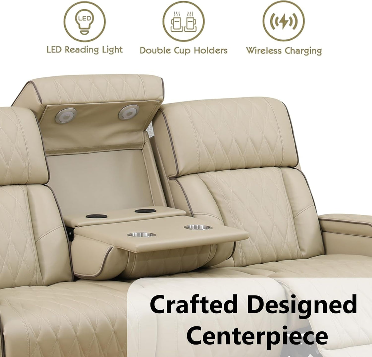 Khaki Premium Quality Leather Power Recliner Sofa USB Port