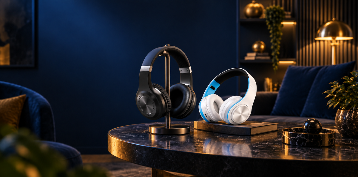 Black and white over-ear headphones displayed in a premium navy and gold living room