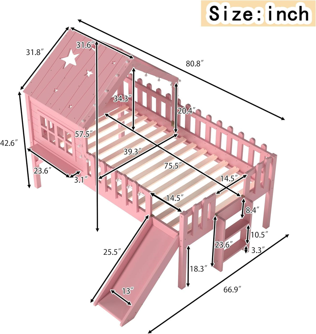 Pink Twin Loft Bed With Premium LED Lighting Modules