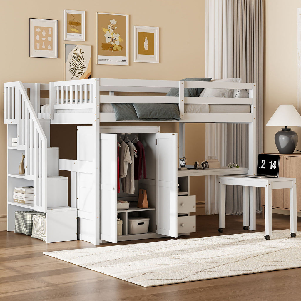 Multifunctional Loft Bed with Desk & Wardrobe