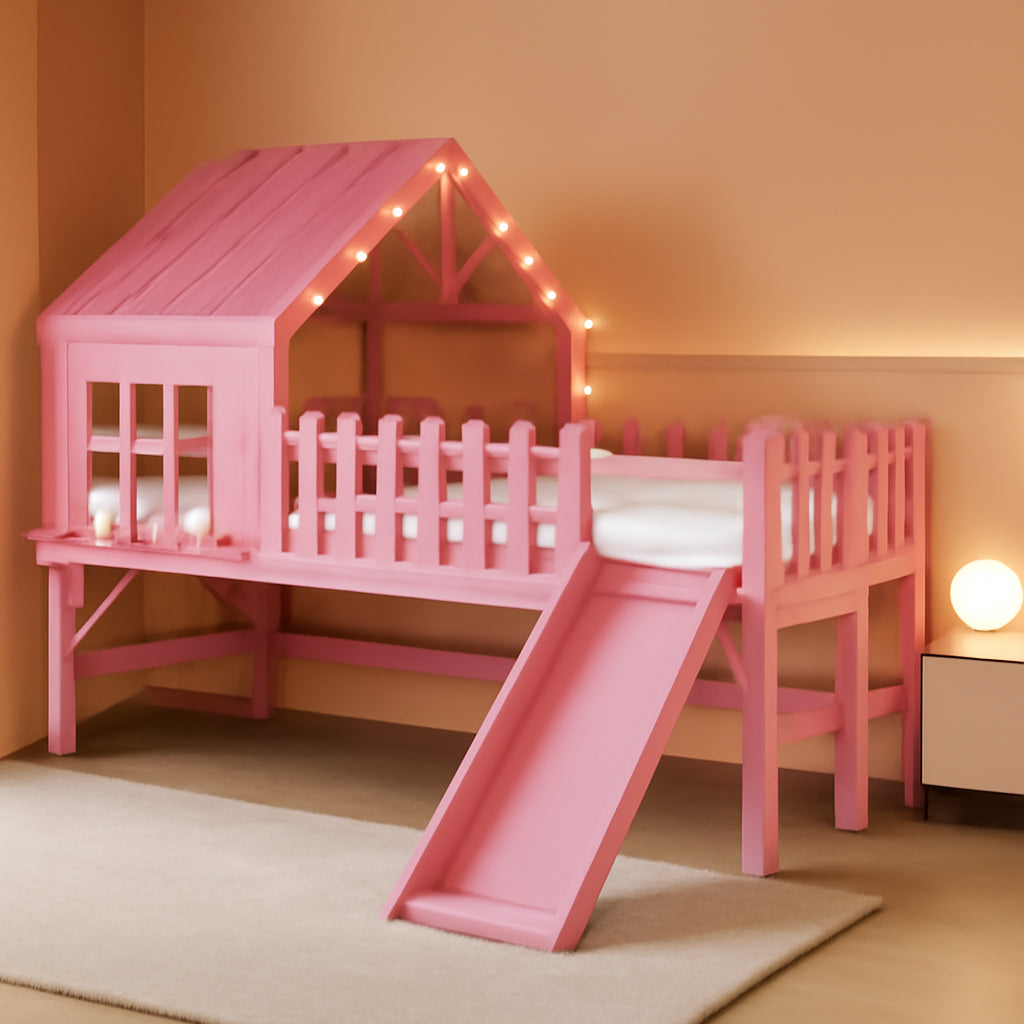 Pink Twin Loft Bed With Premium LED Lighting Modules