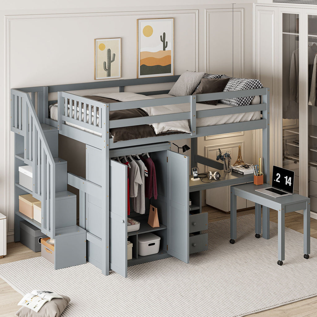 Multifunctional Loft Bed with Desk & Wardrobe