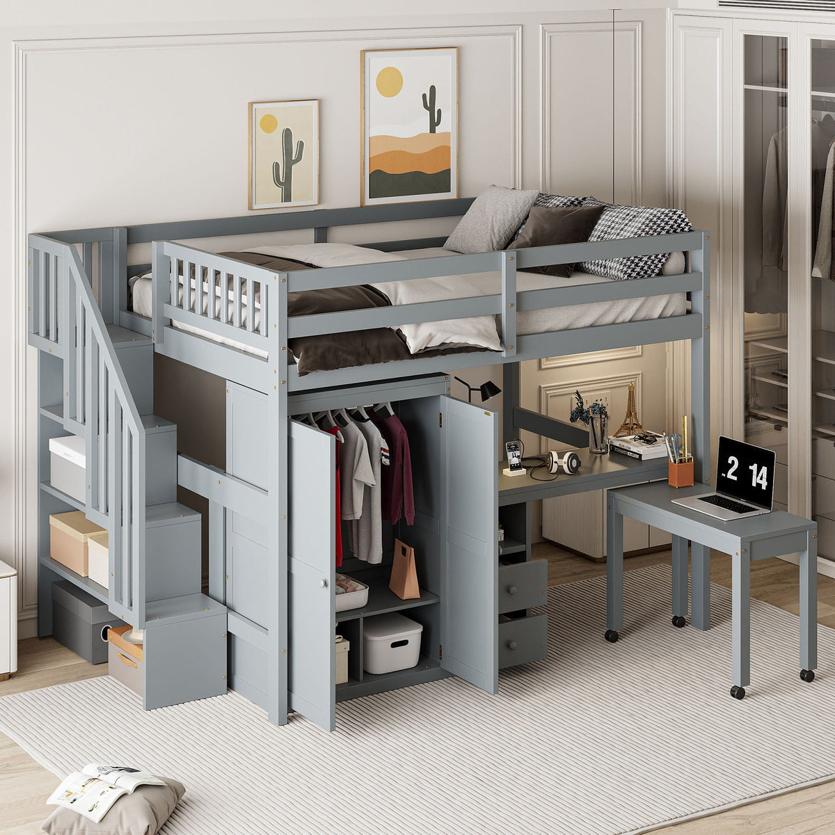 Multifunctional Loft Bed with Desk & Wardrobe