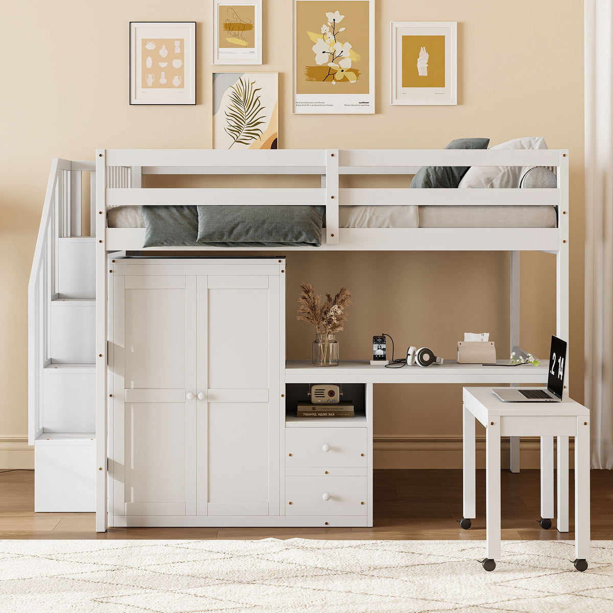 Multifunctional Loft Bed with Desk & Wardrobe