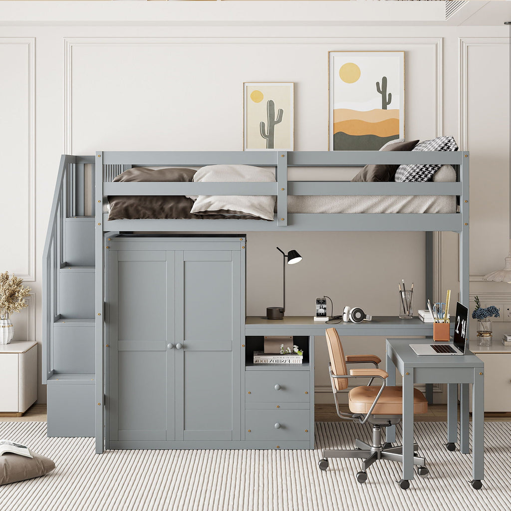 Multifunctional Loft Bed with Desk & Wardrobe