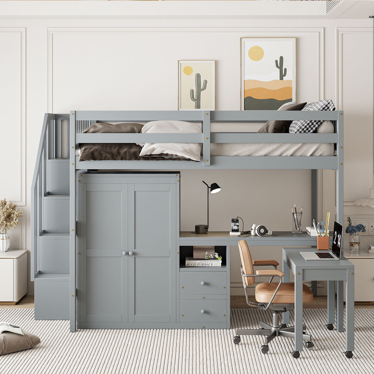 Multifunctional Loft Bed with Desk & Wardrobe