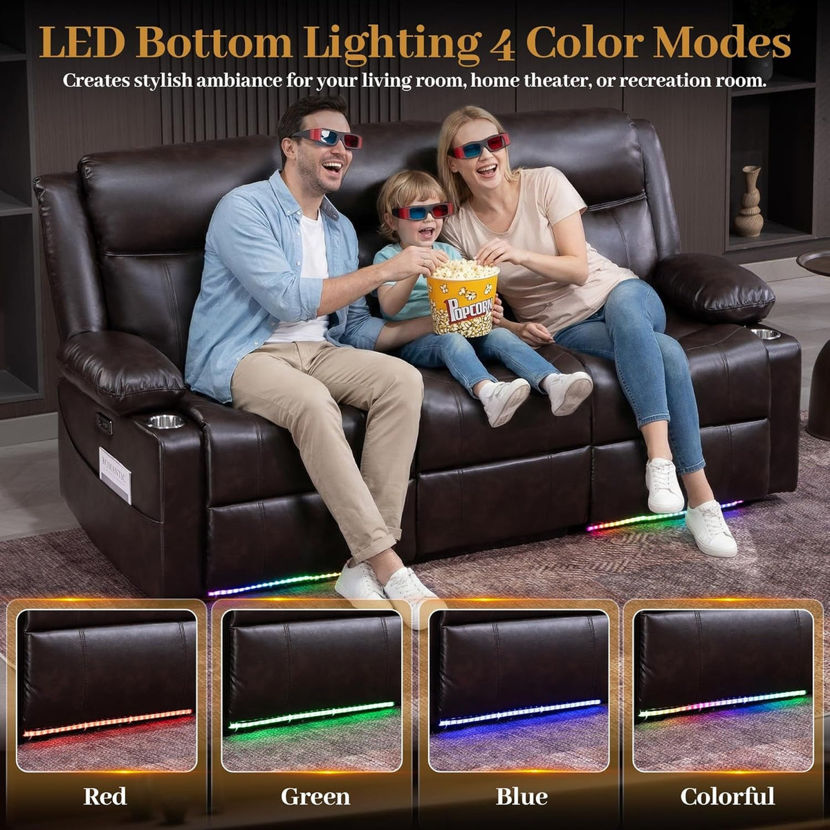 Brown Colorful LED Lighting Premium Reclining Sofa