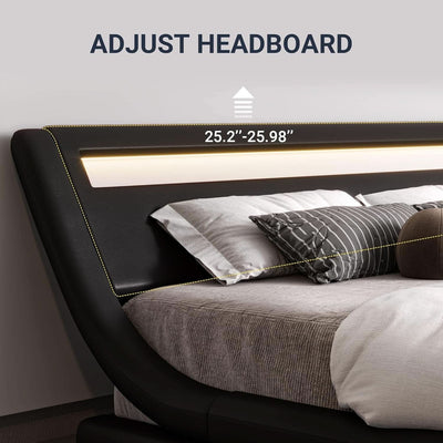 LED Platform Bed Frame Black Faux Leather Full Size Bed