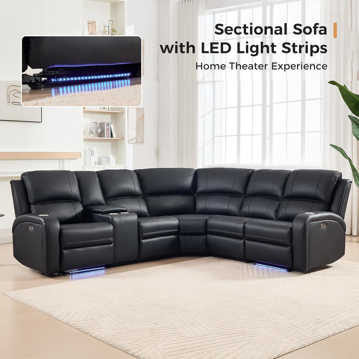 Black Motorized Reclining Sectional Sofa Featuring LED