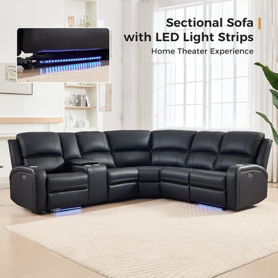 Black Motorized Reclining Sectional Sofa Featuring LED