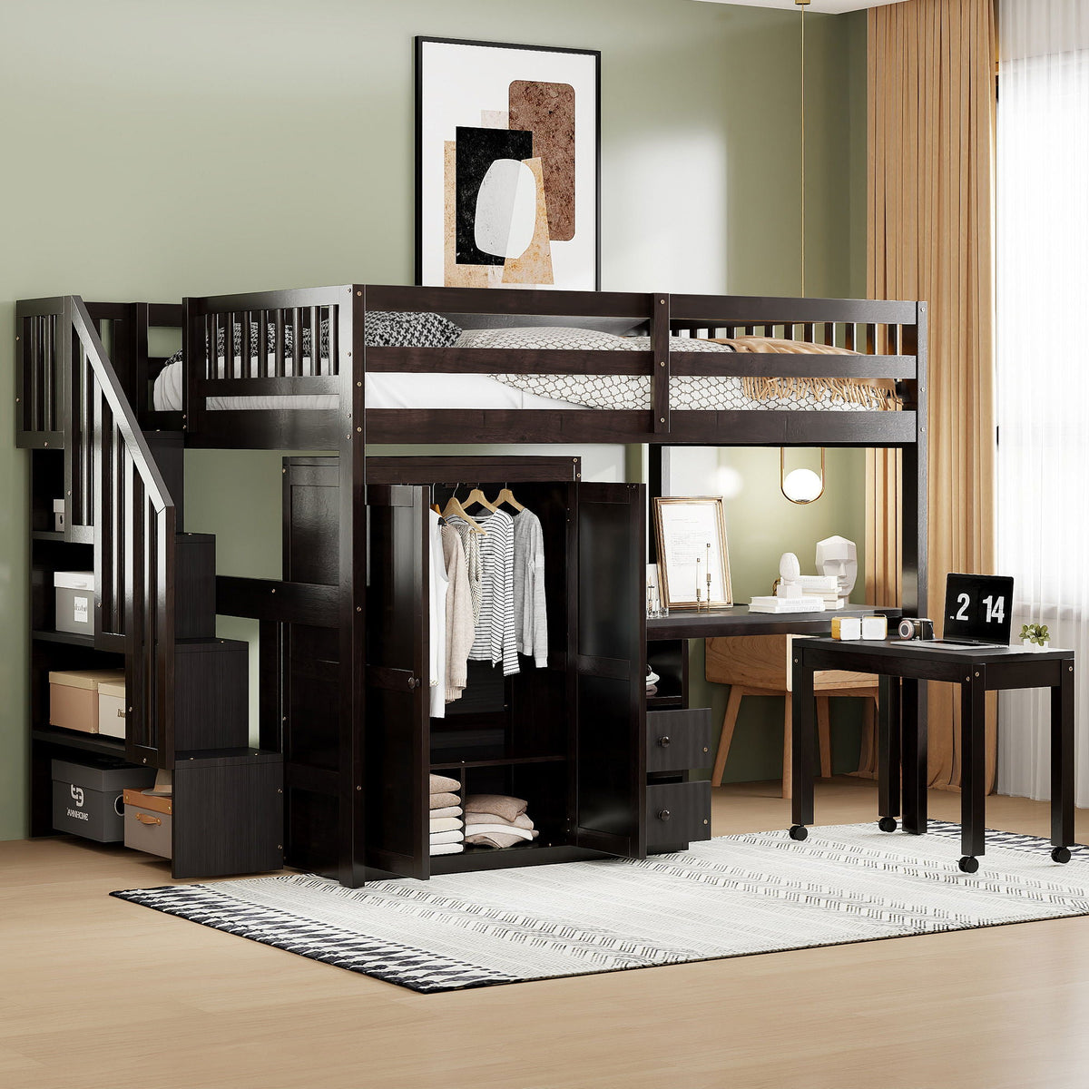 Multifunctional Loft Bed with Desk & Wardrobe