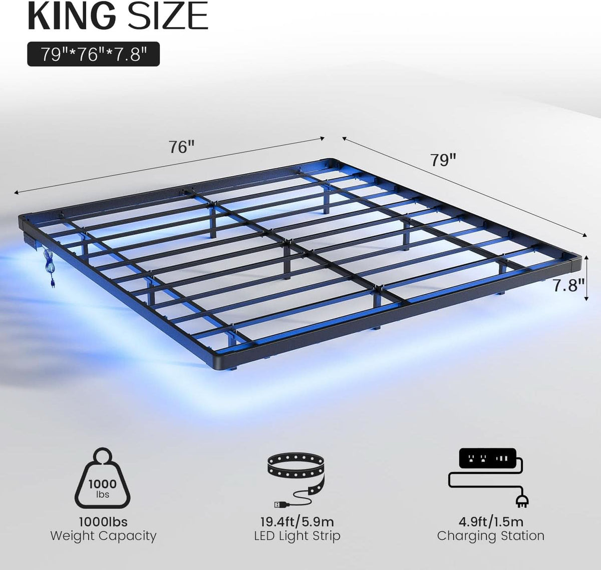 King Size Floating Bed Frame With Integrated LED Lighting