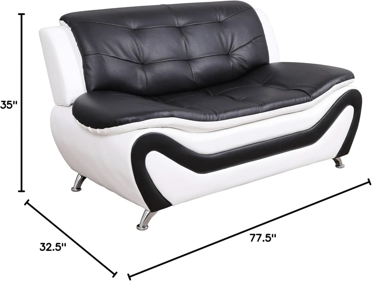 3 Piece Aldo Modern Faux Leather Sofa Set Black And White With Sofa Loveseat And Chair