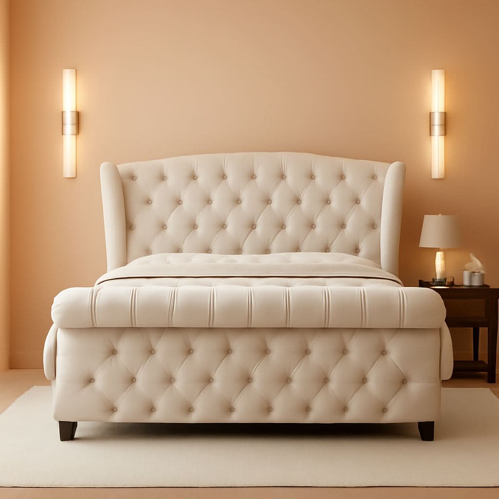 King Size Platform Bed Frame, Chenille Upholstered Sleigh Bed with Scroll Wingback Headboard & Footboard/Button Tufted/No Box Spring Required/Cream