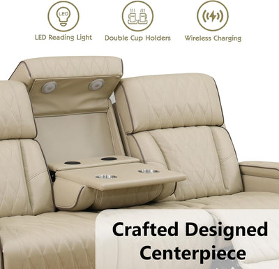 Khaki Premium Quality Leather Power Recliner Sofa USB Port