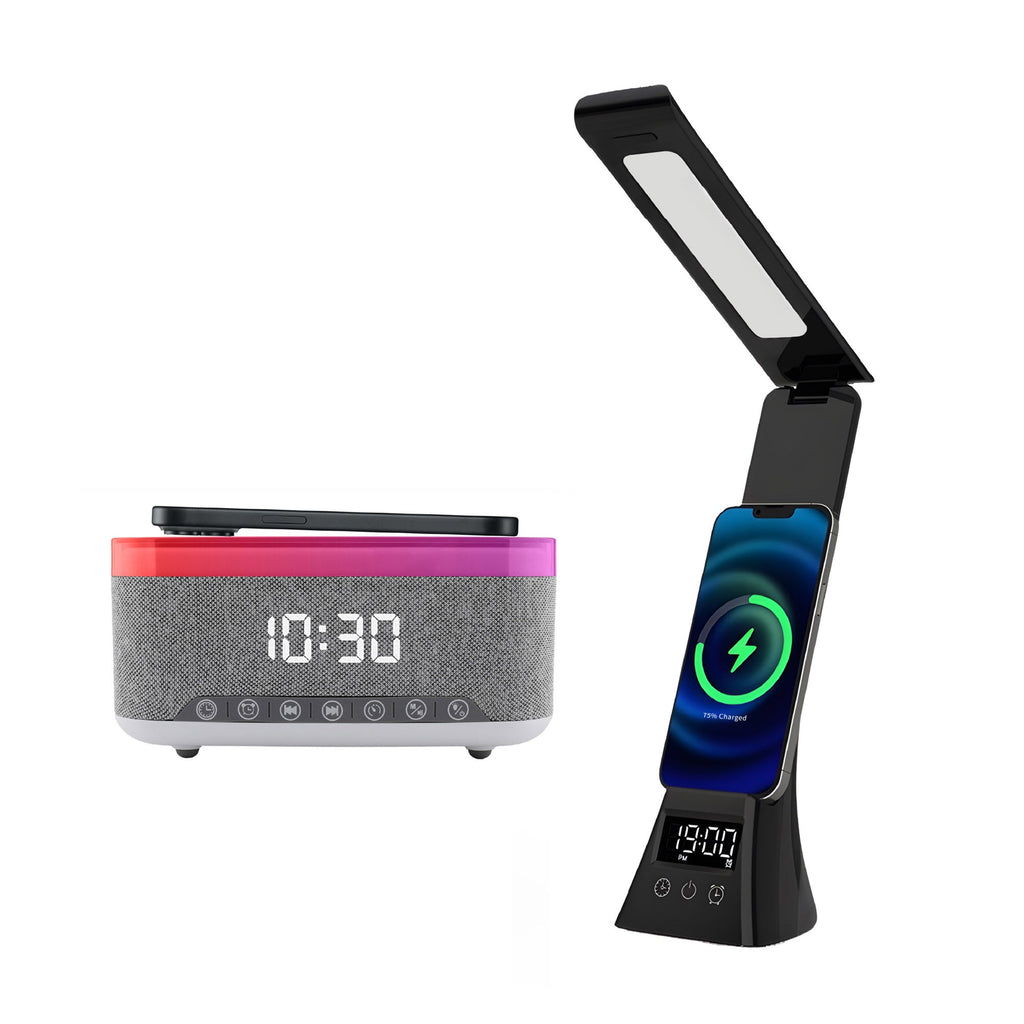 2-in-1 Wireless Charging Alarm Clock Speaker & LED Lamp