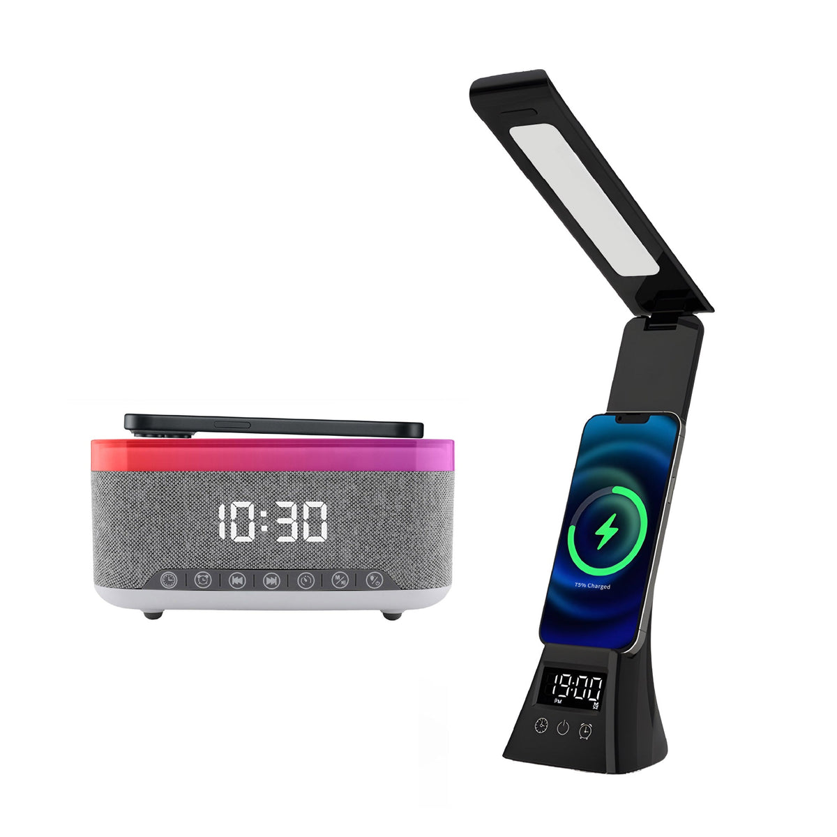 2-in-1 Wireless Charging Alarm Clock Speaker & LED Lamp