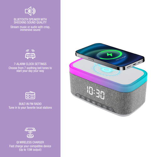 2-in-1 Wireless Charging Alarm Clock Speaker & LED Lamp