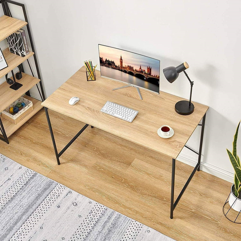 Oak Computer Desk with Black Metal Frame
