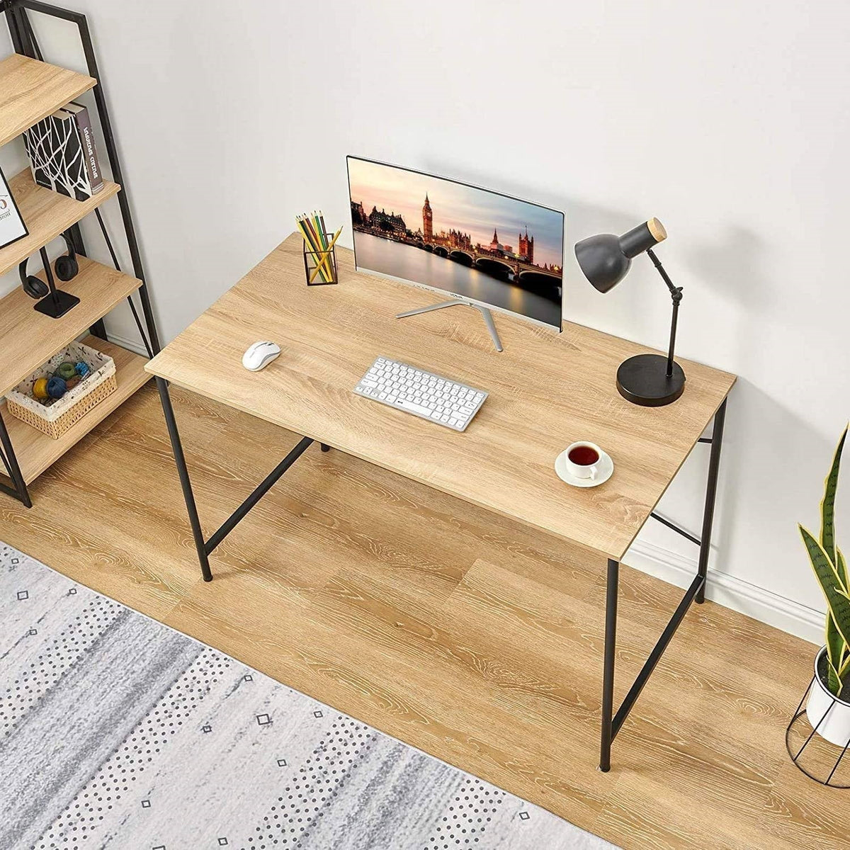 Oak Computer Desk with Black Metal Frame