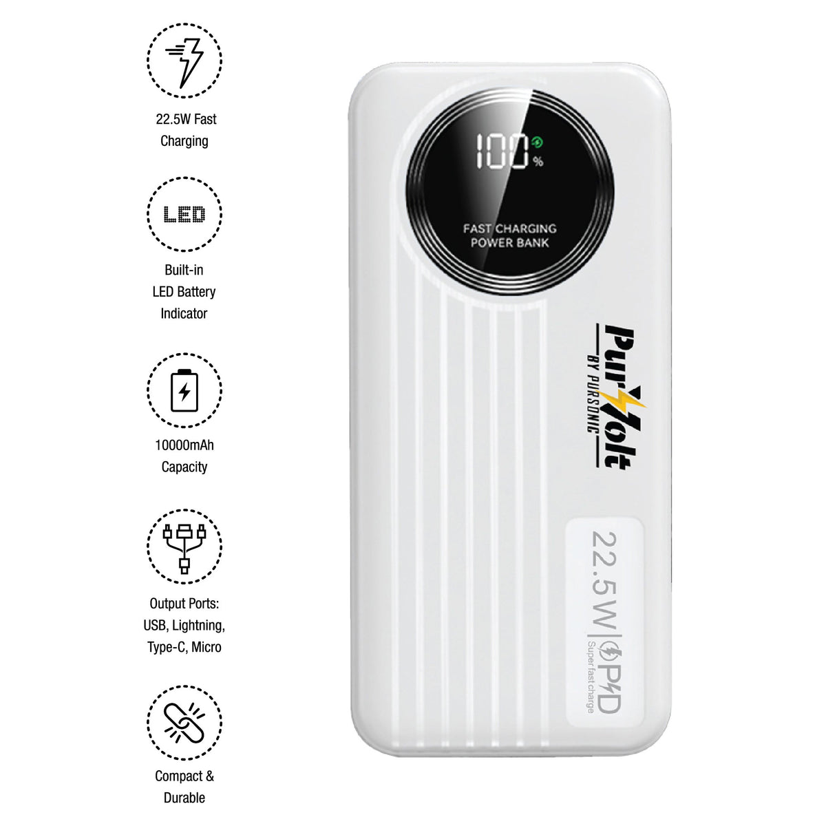 Pursonic 10,000mAh 22.5W Fast-Charging Power Bank