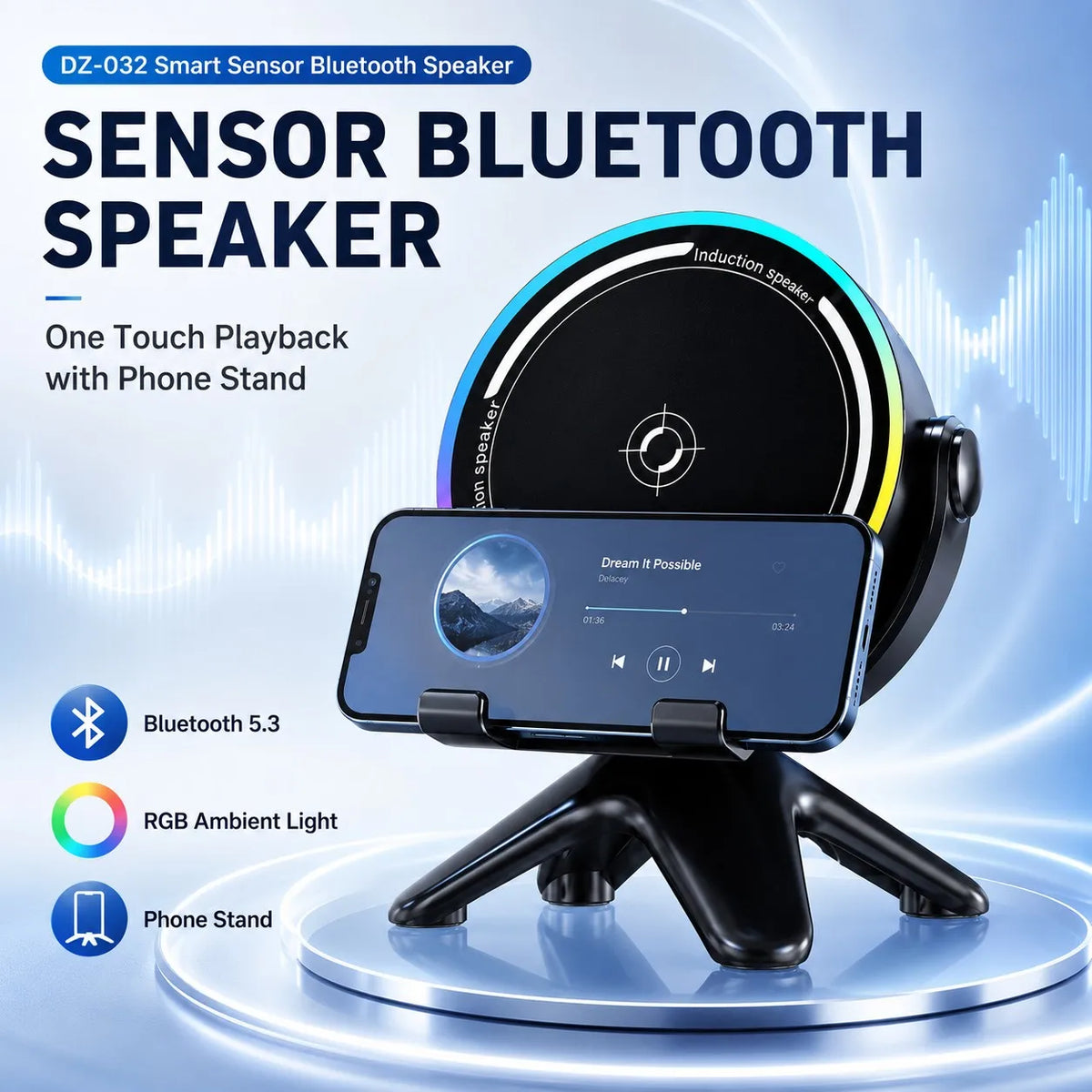 Bluetooth 5.3 Speaker with RGB Light & Phone Stand