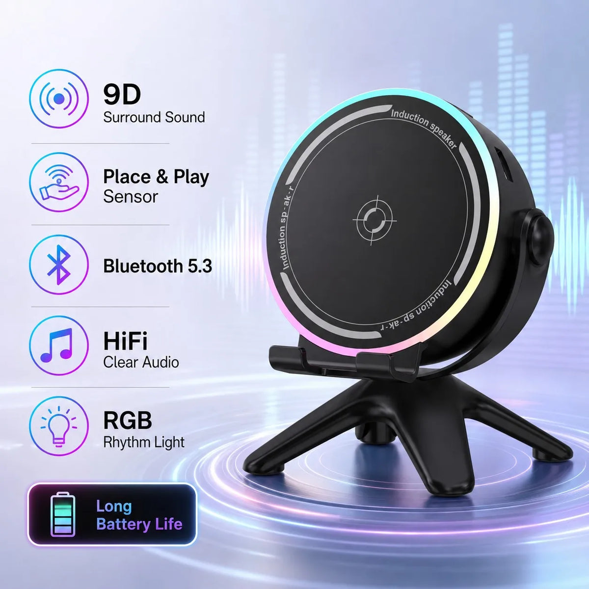 Bluetooth 5.3 Speaker with RGB Light & Phone Stand