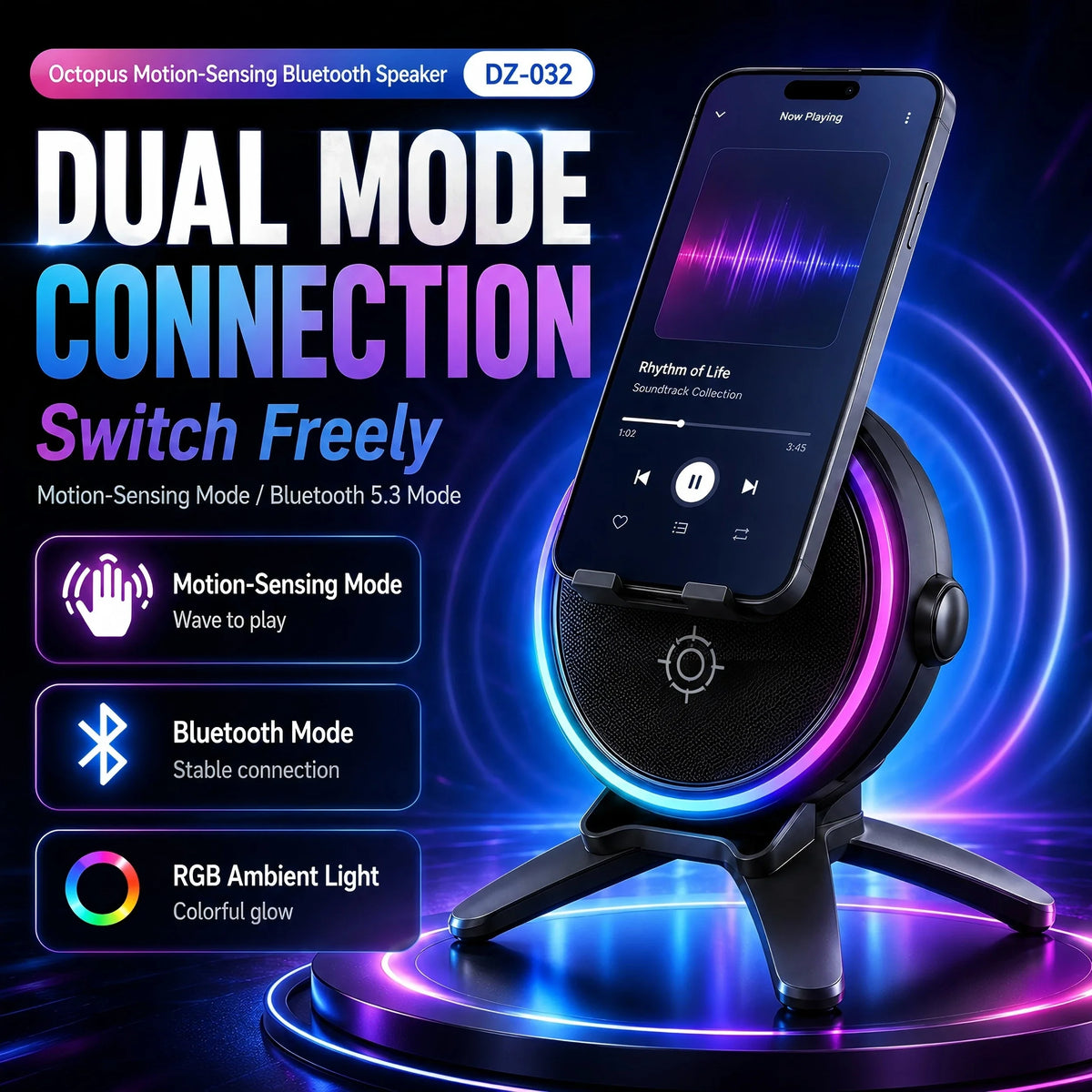 Bluetooth 5.3 Speaker with RGB Light & Phone Stand
