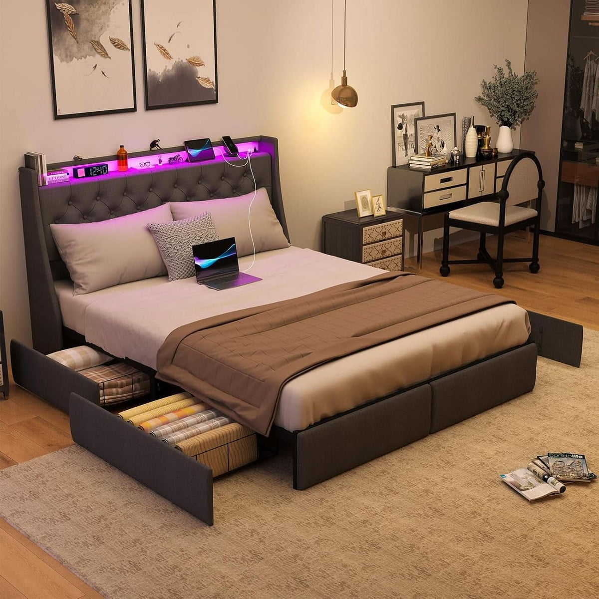 Queen Bed Frame With Storage Headboard LED Lighting