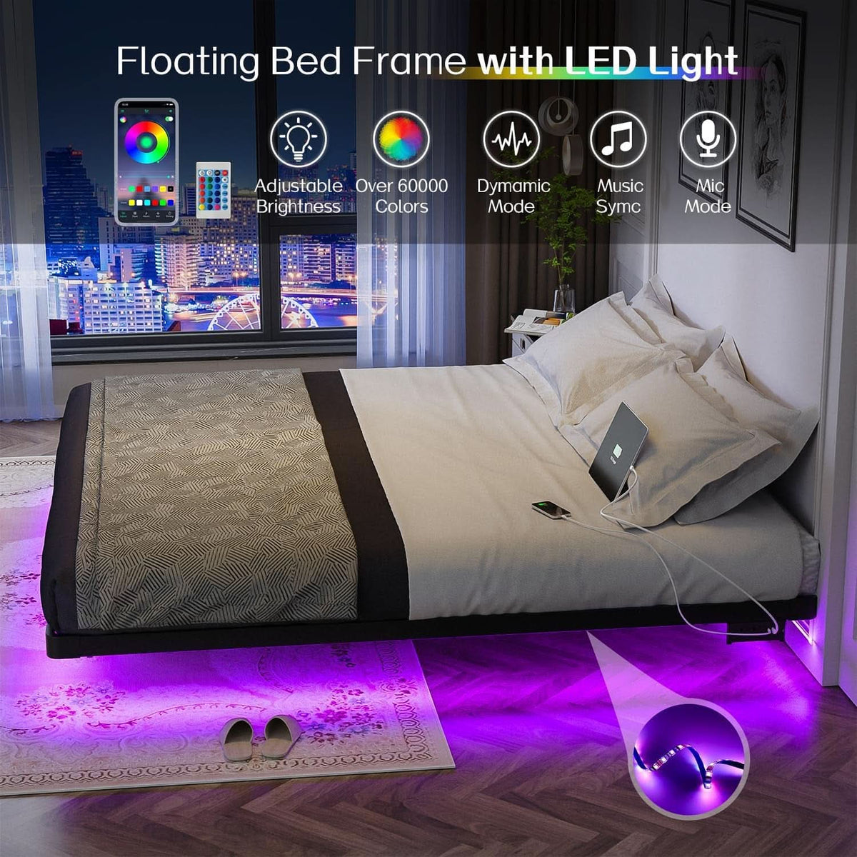 King Size Floating Bed Frame With Integrated LED Lighting