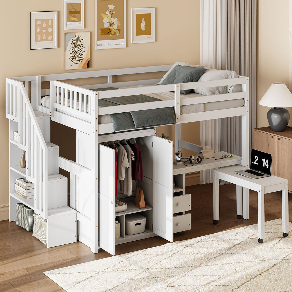 Multifunctional Loft Bed with Desk & Wardrobe