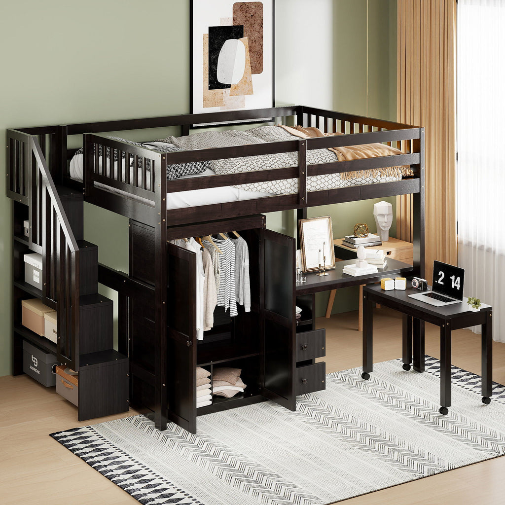 Multifunctional Loft Bed with Desk & Wardrobe