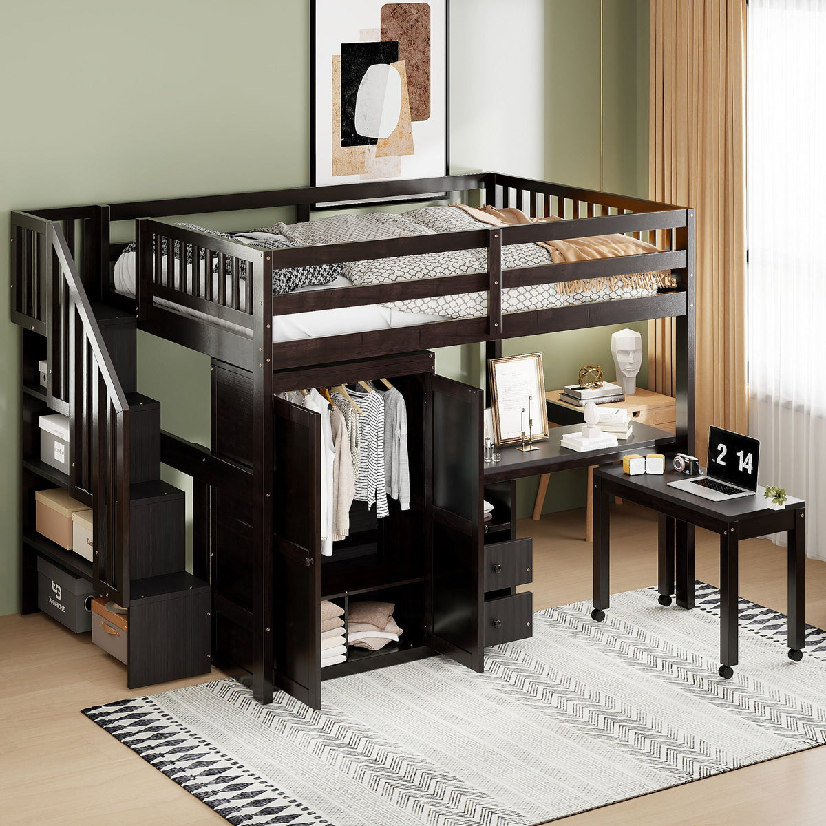 Multifunctional Loft Bed with Desk & Wardrobe