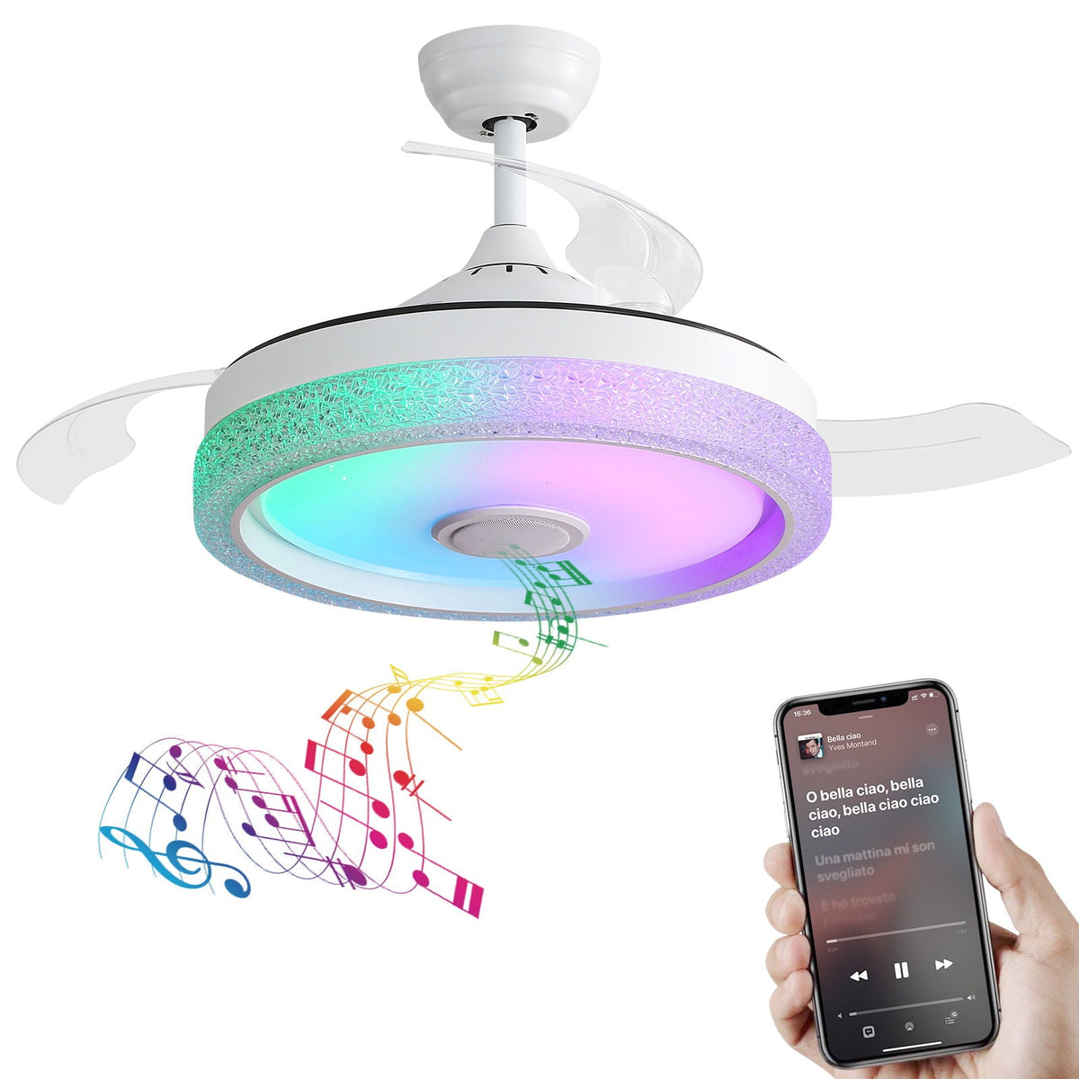 36W LED Retractable-Blade Ceiling Fan – White
