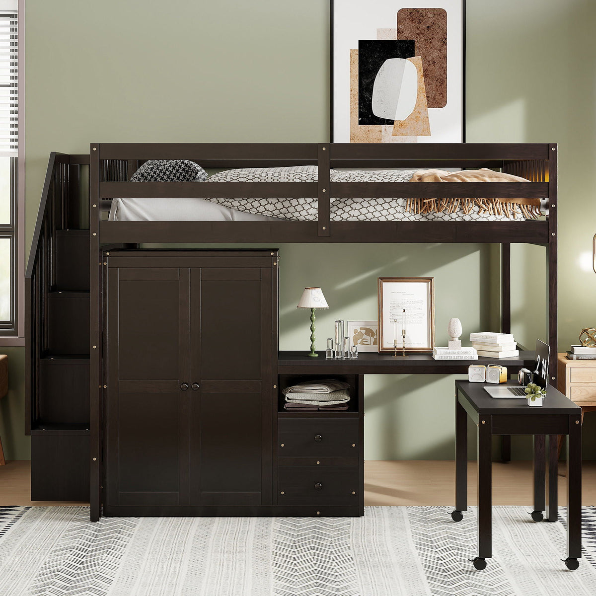 Multifunctional Loft Bed with Desk & Wardrobe