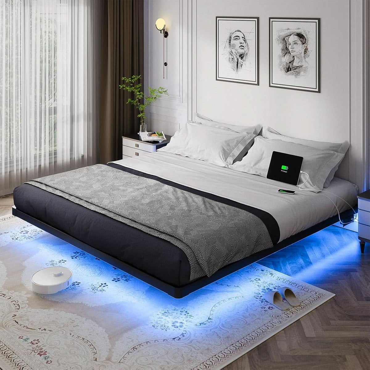 King Size Floating Bed Frame With Integrated LED Lighting