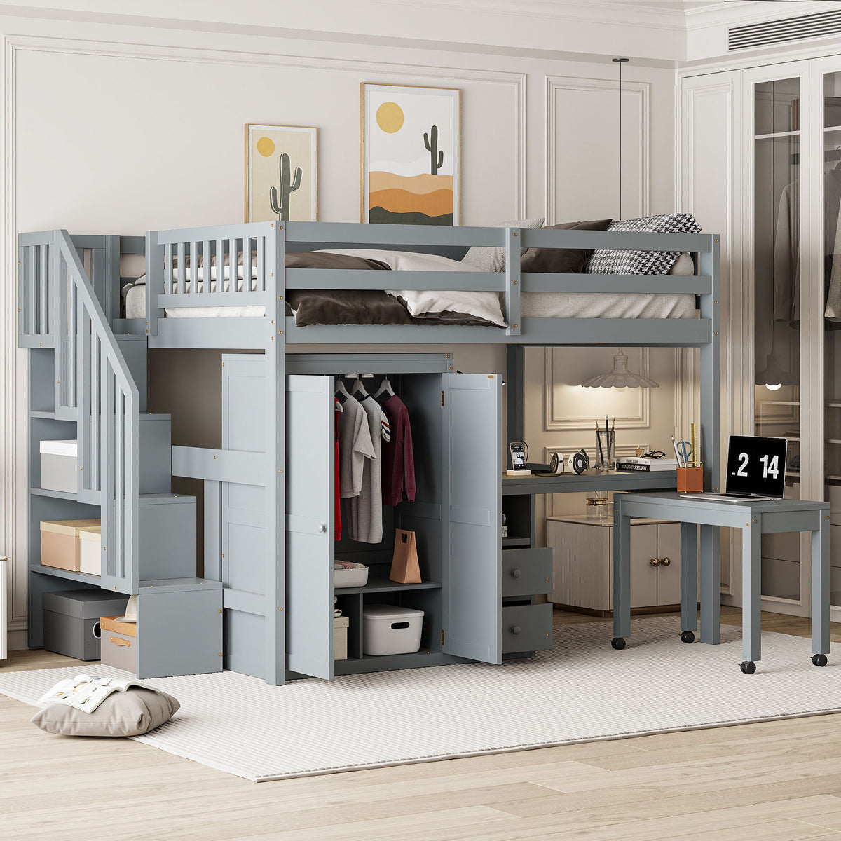 Multifunctional Loft Bed with Desk & Wardrobe